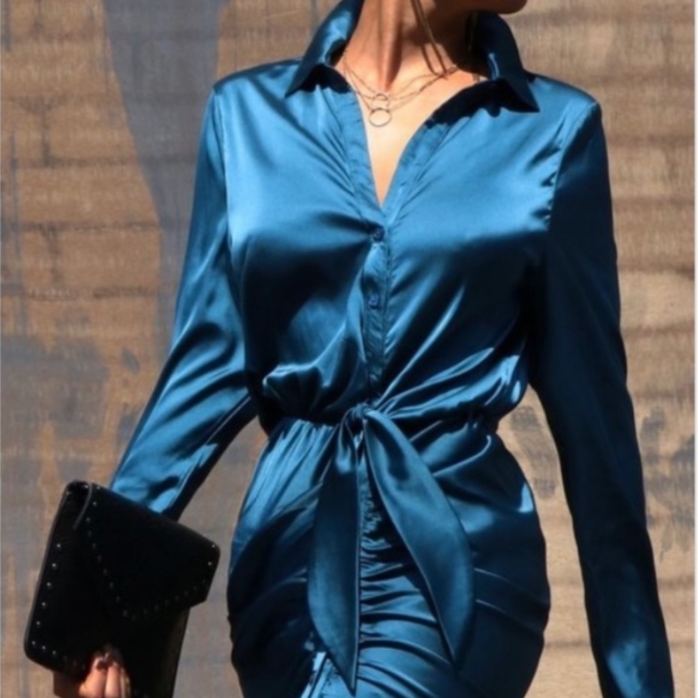 Teal satin wrap dress